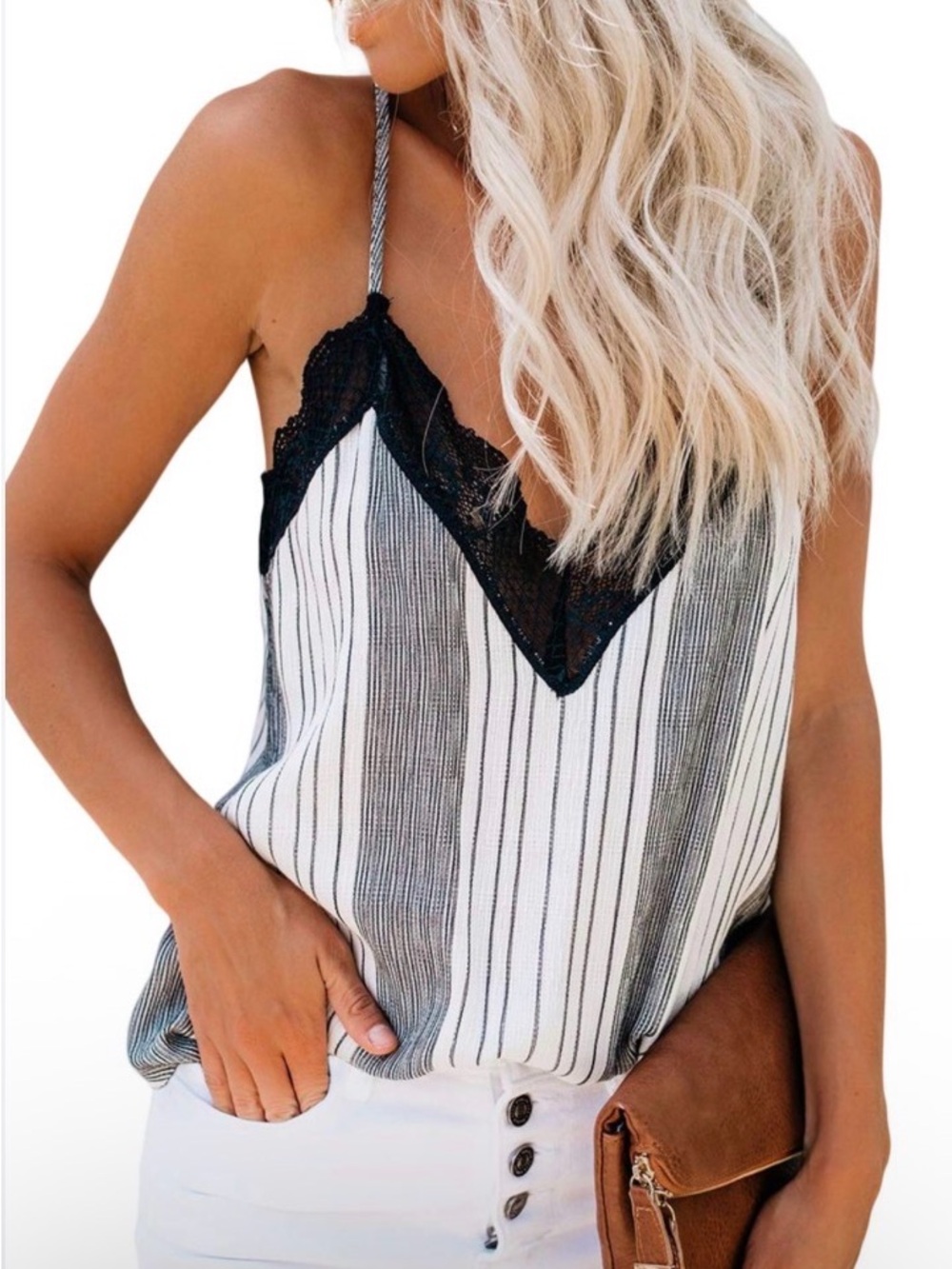 Love Stitch Lace Trim Striped Cami Tank Top Boho Y2K Size S